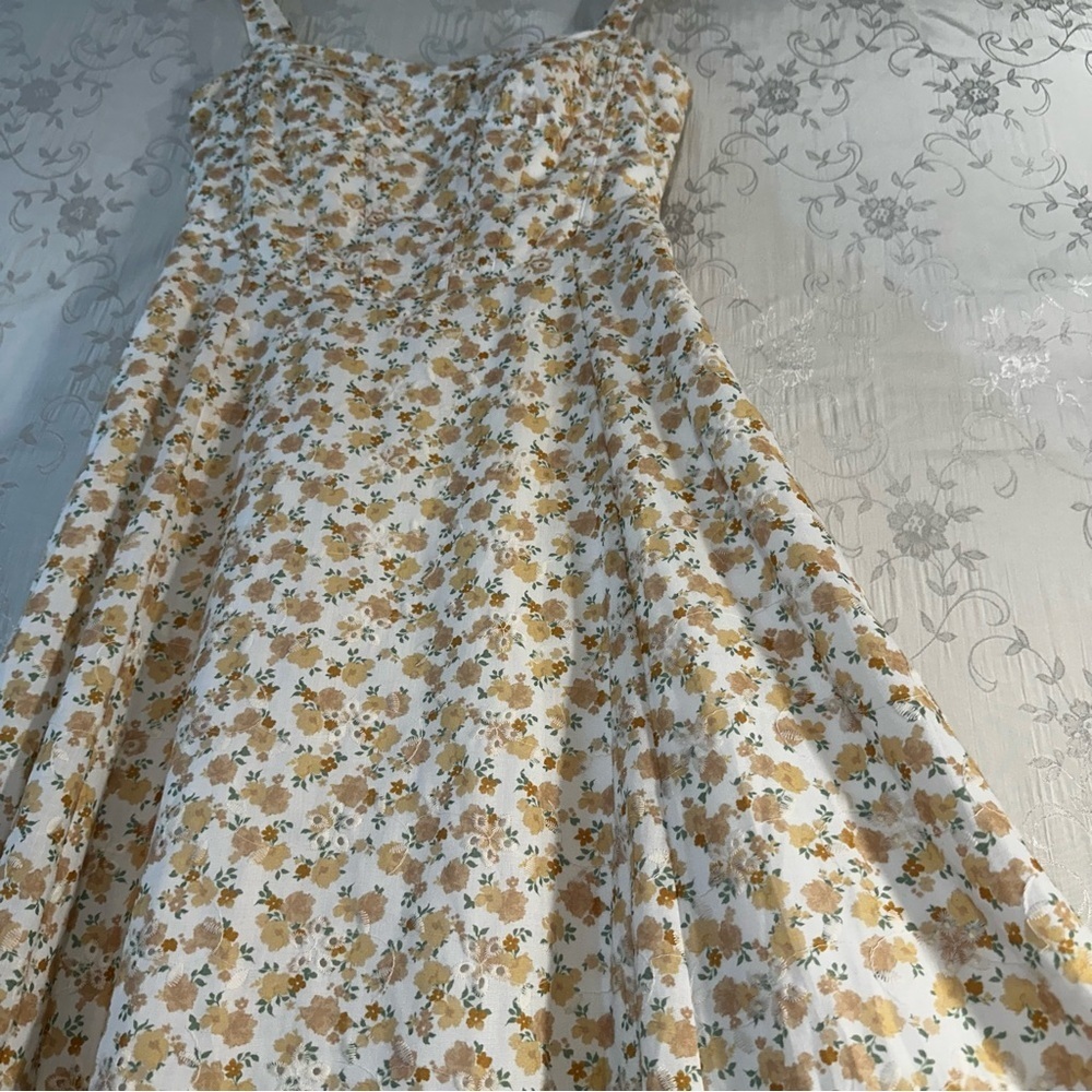 Moon River Cream Yellow Floral Print Lace Corset Midi Dress Small Brunch Girly - Picture 15 of 15